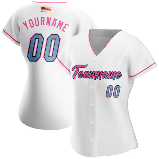 Custom White Light Blue-Pink Authentic American Flag Fashion Baseball Jersey - Sky-Custom