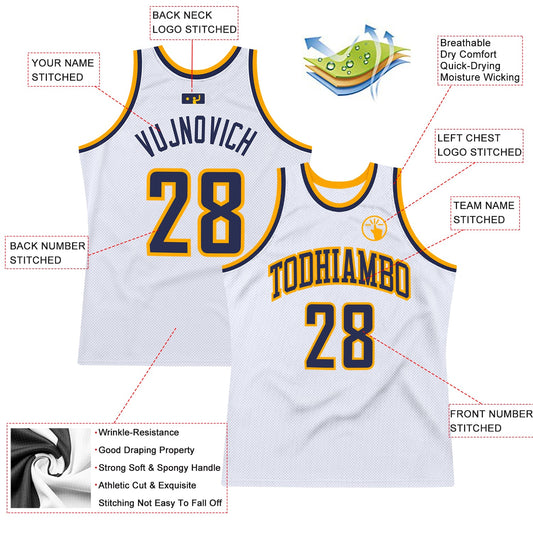 Custom White Navy-Gold Authentic Throwback Basketball Jersey - Sky-Custom