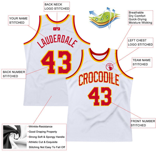 Custom White Red-Gold Authentic Throwback Basketball Jersey - Sky-Custom