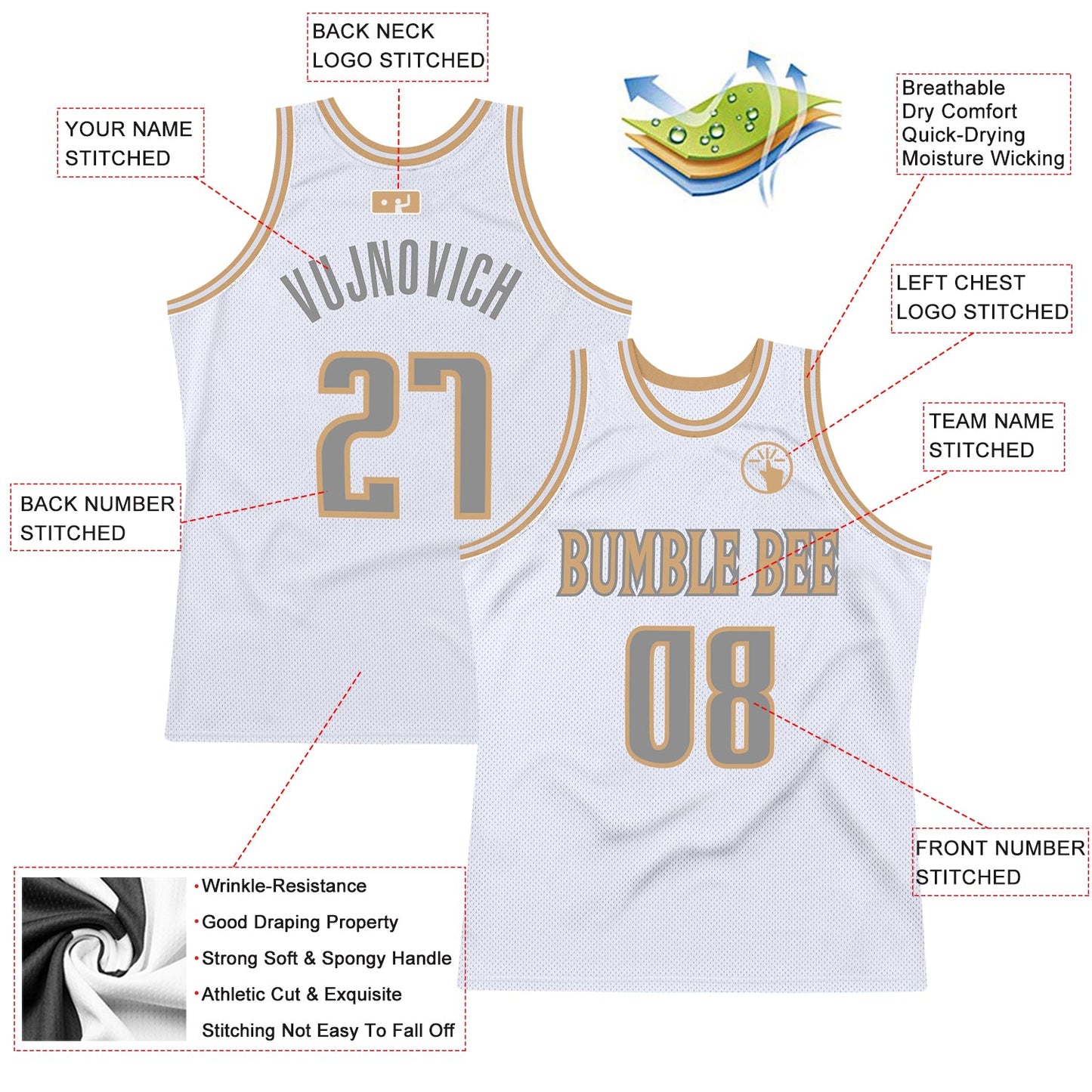 Custom White Steel Gray-Old Gold Authentic Throwback Basketball Jersey - Sky-Custom