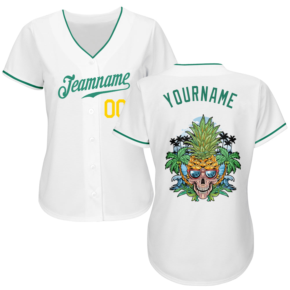 Custom White Kelly Green-Gold Authentic Skull Pineapple Head Baseball Jersey - Sky-Custom
