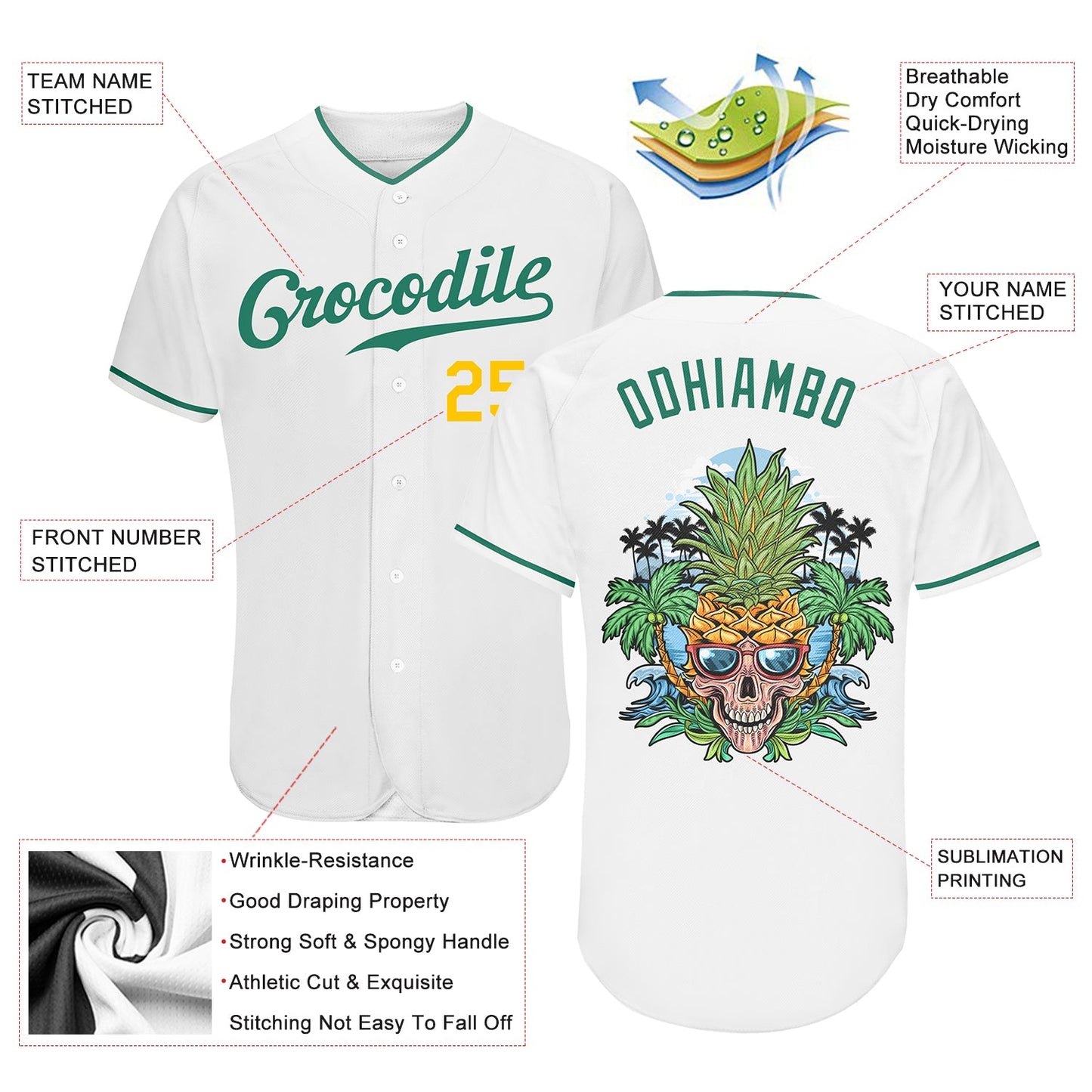 Custom White Kelly Green-Gold Authentic Skull Pineapple Head Baseball Jersey - Sky-Custom