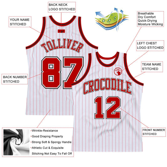 Custom White Red Pinstripe Red-Black Authentic Basketball Jersey - Sky-Custom