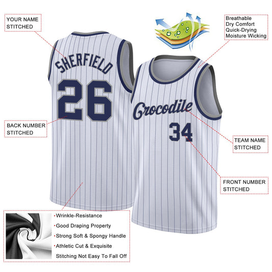 Custom White Navy Pinstripe Navy-Gray Authentic Basketball Jersey - Sky-Custom