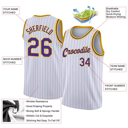 Custom White Purple Pinstripe Purple-Gold Authentic Basketball Jersey - Sky-Custom