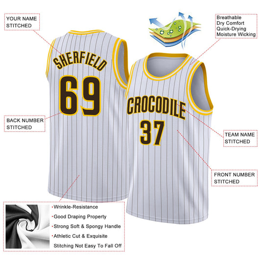 Custom White Brown Pinstripe Brown-Gold Authentic Basketball Jersey - Sky-Custom