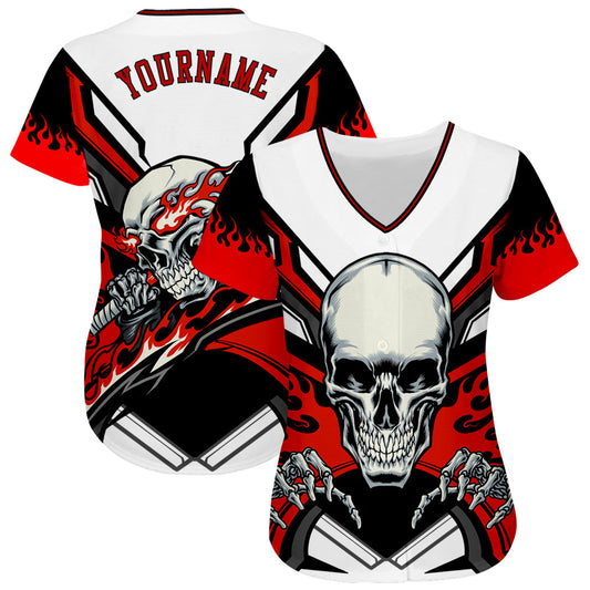 Custom White Red-Black 3D Skull Authentic Baseball Jersey - Sky-Custom