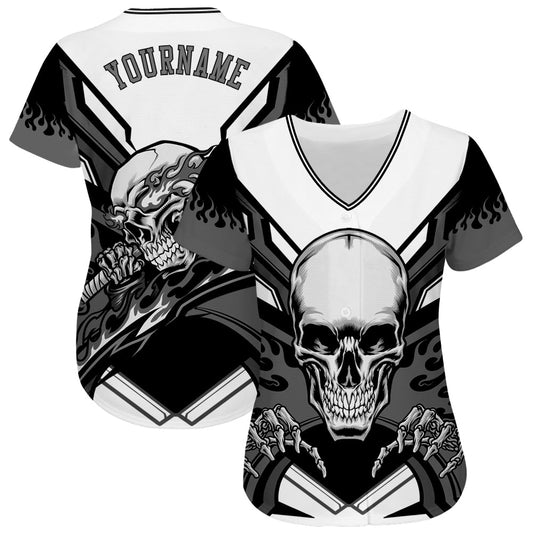 Custom White Gray-Black 3D Skull Authentic Baseball Jersey - Sky-Custom
