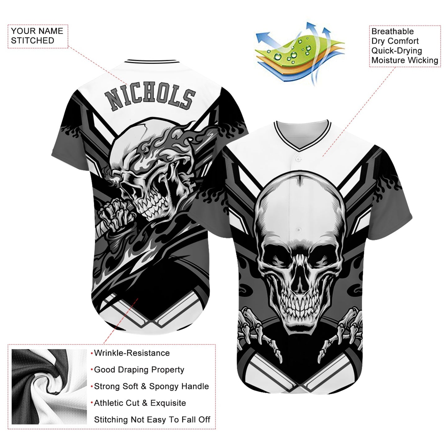 Custom White Gray-Black 3D Skull Authentic Baseball Jersey - Sky-Custom