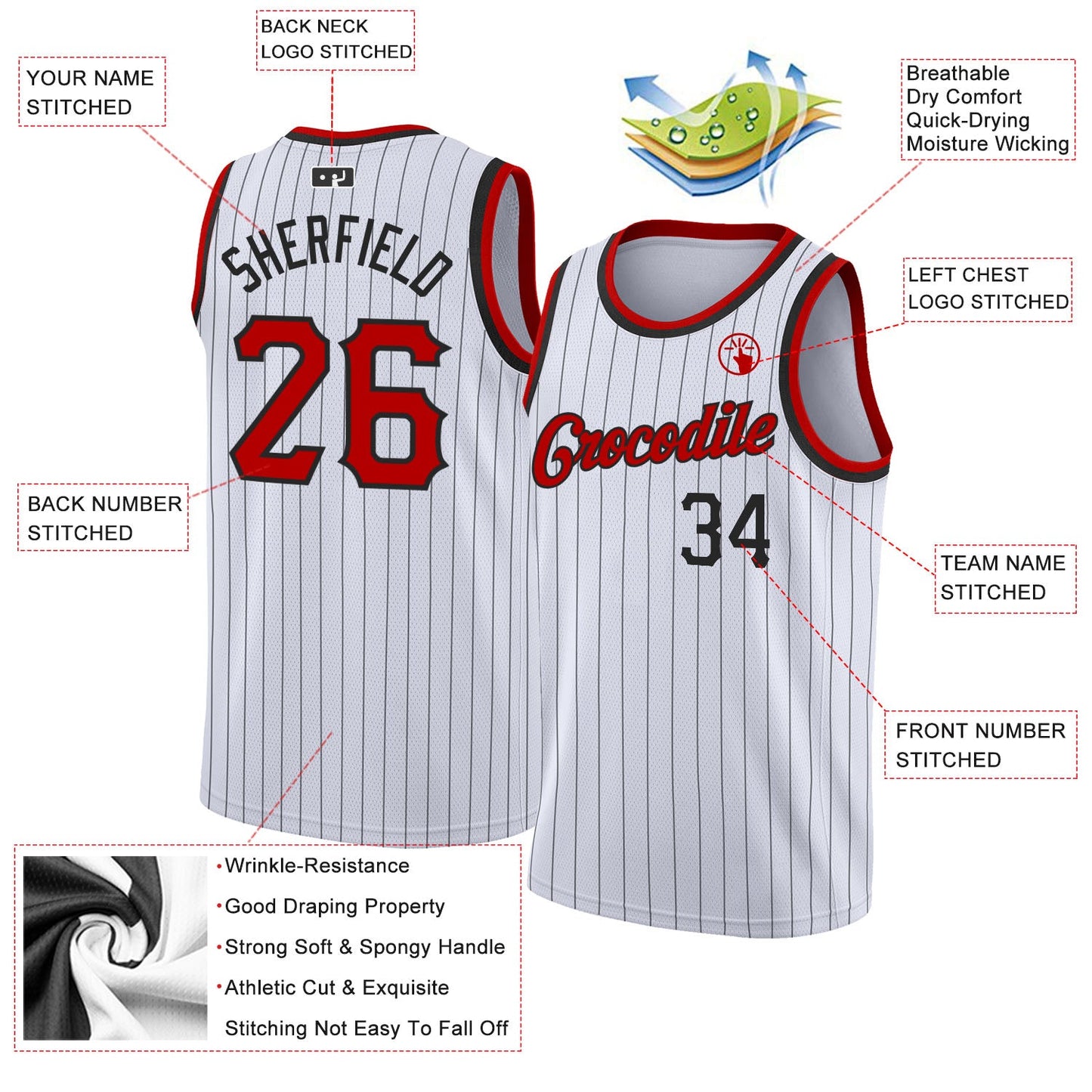 Custom White Black Pinstripe Red-Black Authentic Basketball Jersey - Sky-Custom