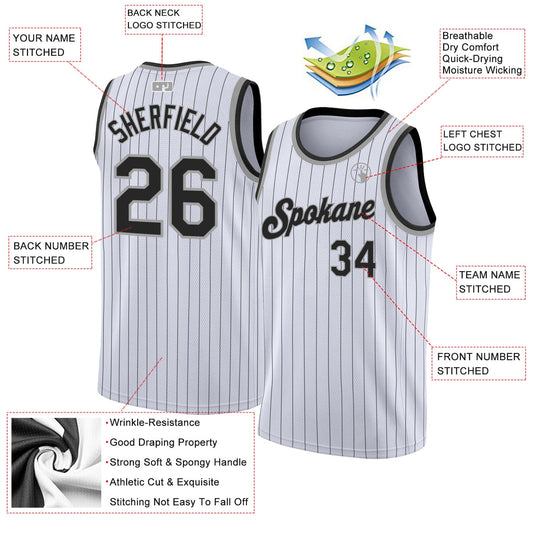 Custom White Black Pinstripe Black-Gray Authentic Basketball Jersey - Sky-Custom