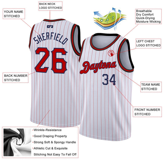 Custom White Navy Pinstripe Red-Navy Authentic Basketball Jersey - Sky-Custom