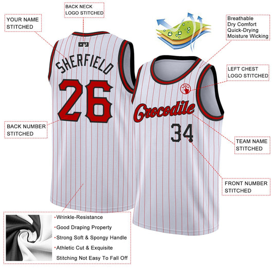 Custom White Red Pinstripe Red-Black Authentic Basketball Jersey - Sky-Custom