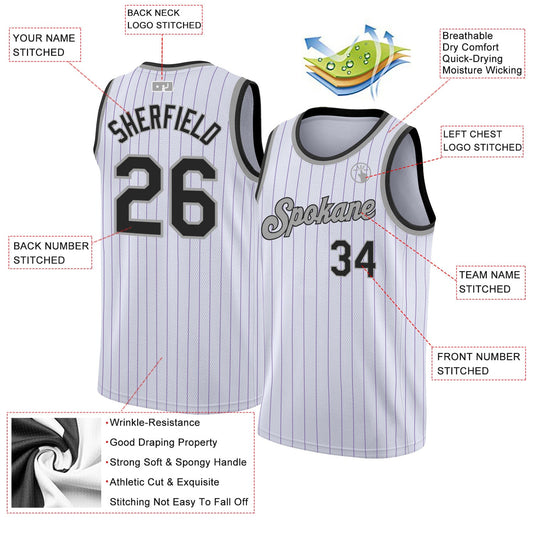 Custom White Purple Pinstripe Black-Gray Authentic Basketball Jersey - Sky-Custom