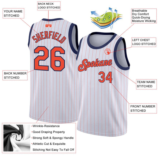 Custom White Orange Pinstripe Orange-Navy Authentic Basketball Jersey - Sky-Custom