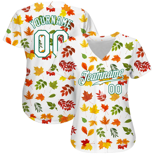 Custom White White-Kelly Green 3D Pattern Design Autumn Leaves Authentic Baseball Jersey - Sky-Custom