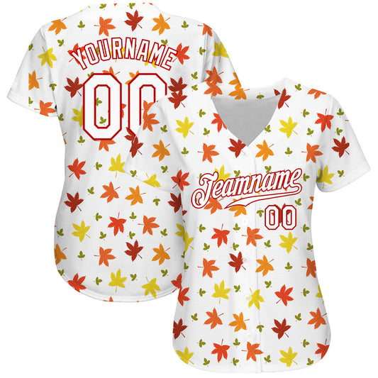 Custom White White-Red 3D Pattern Design Autumn Leaves Authentic Baseball Jersey - Sky-Custom