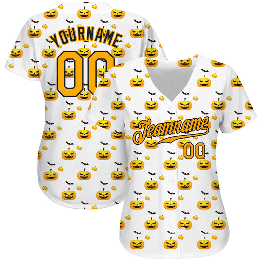 Custom White Gold-Black 3D Pattern Design Halloween Pattern With Pumpkins Authentic Baseball Jersey - Sky-Custom