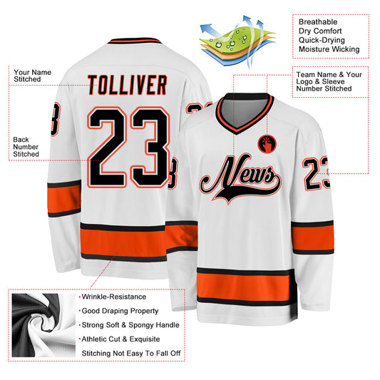 Custom White Black-Orange Hockey Jersey - Sky-Custom