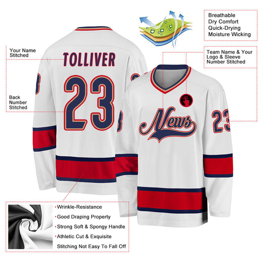 Custom White Navy-Red Hockey Jersey - Sky-Custom