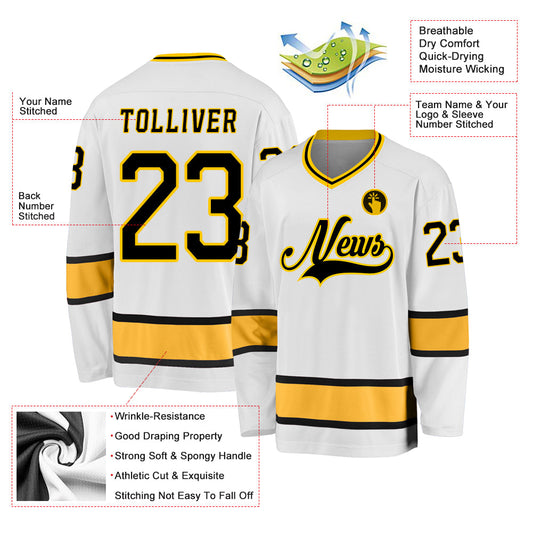 Custom White Black-Gold Hockey Jersey - Sky-Custom