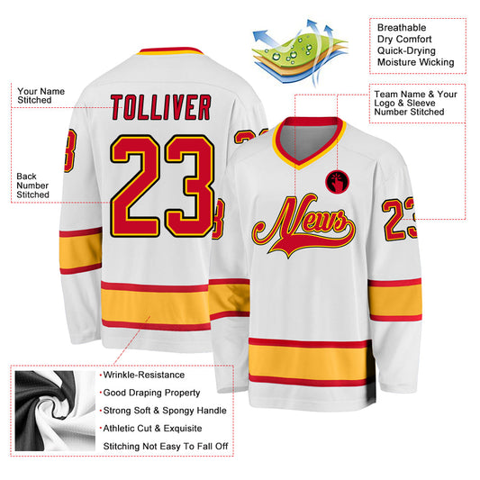 Custom White Red-Gold Hockey Jersey - Sky-Custom