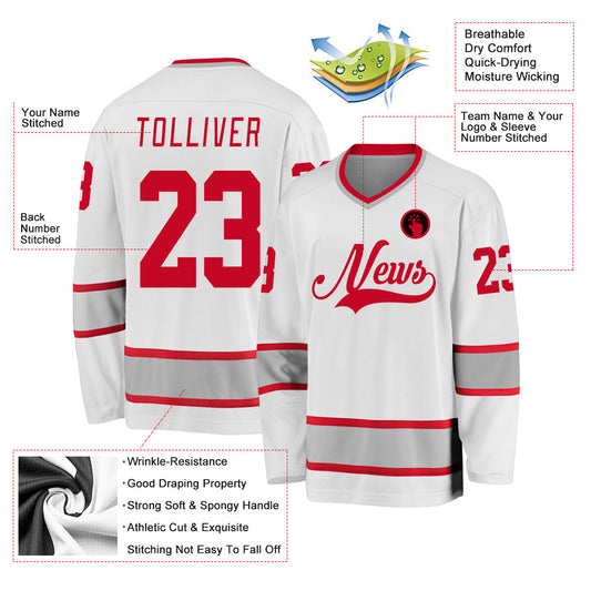 Custom White Red-Gray Hockey Jersey - Sky-Custom