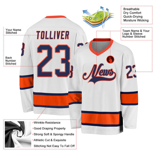 Custom White Navy-Orange Hockey Jersey - Sky-Custom