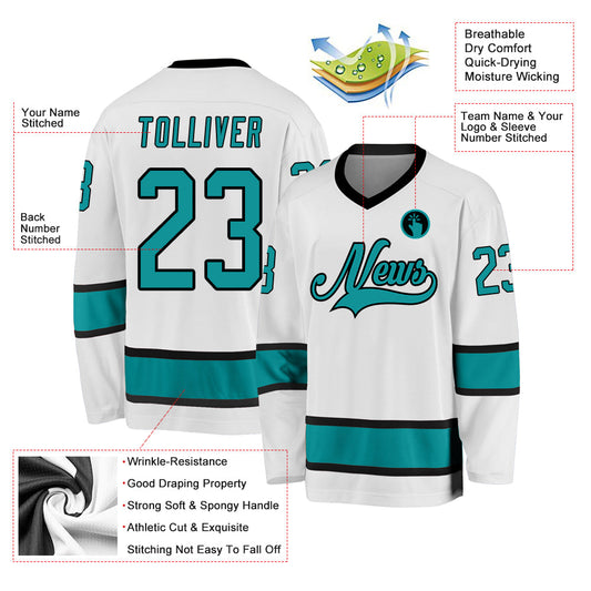Custom White Aqua-Black Hockey Jersey - Sky-Custom
