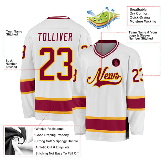 Custom White Maroon-Gold Hockey Jersey - Sky-Custom