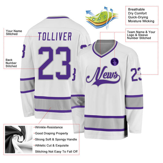 Custom White Purple-Gray Hockey Jersey - Sky-Custom