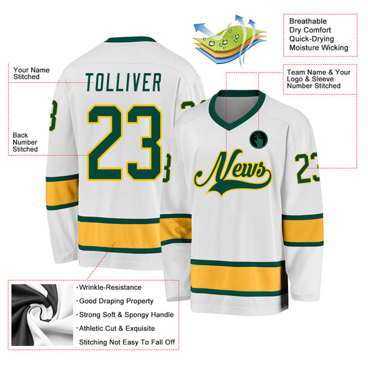 Custom White Green-Gold Hockey Jersey - Sky-Custom