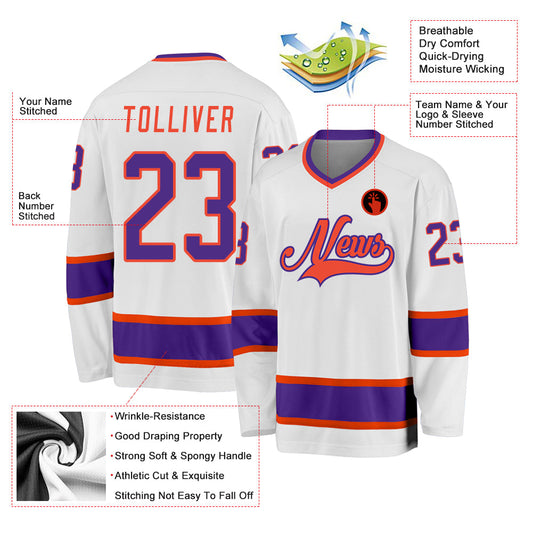 Custom White Purple-Orange Hockey Jersey - Sky-Custom