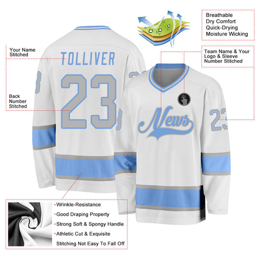 Custom White Gray-Light Blue Hockey Jersey - Sky-Custom