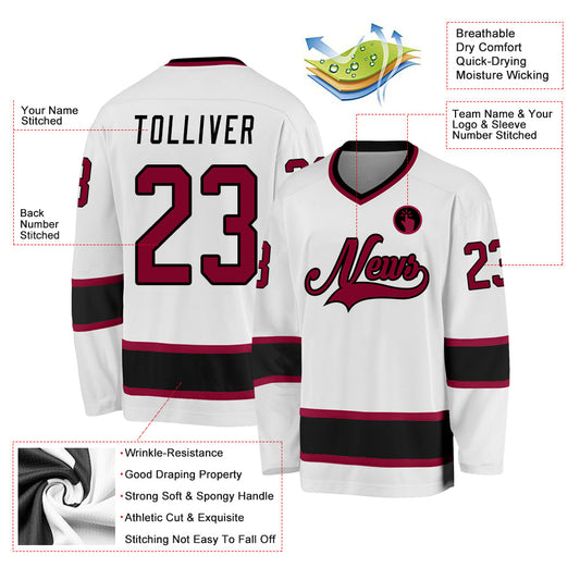 Custom White Maroon-Black Hockey Jersey - Sky-Custom