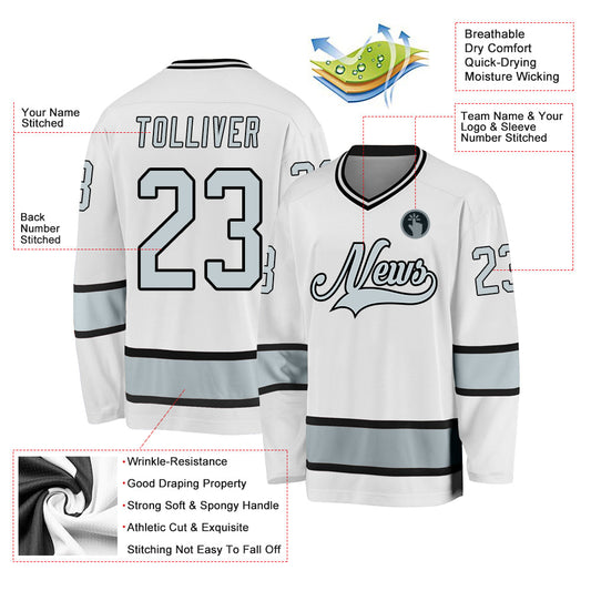 Custom White Silver-Black Hockey Jersey - Sky-Custom