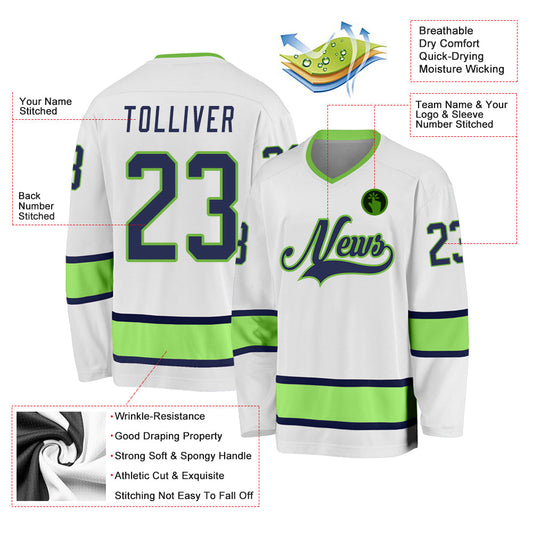 Custom White Navy-Neon Green Hockey Jersey - Sky-Custom