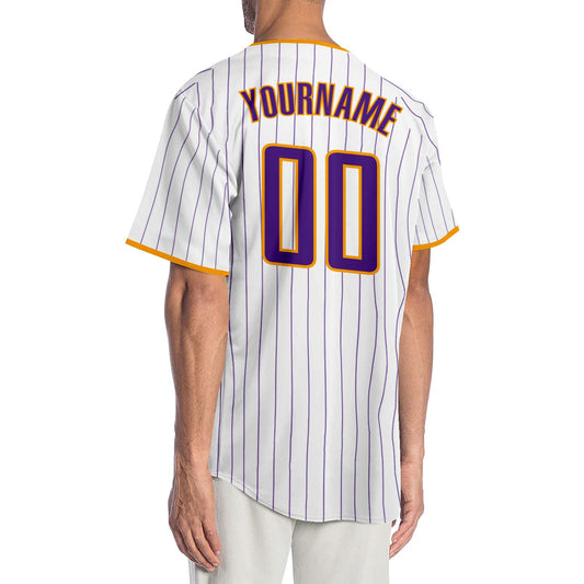 Custom White Purple Pinstripe Purple-Gold Authentic Baseball Jersey - Sky-Custom