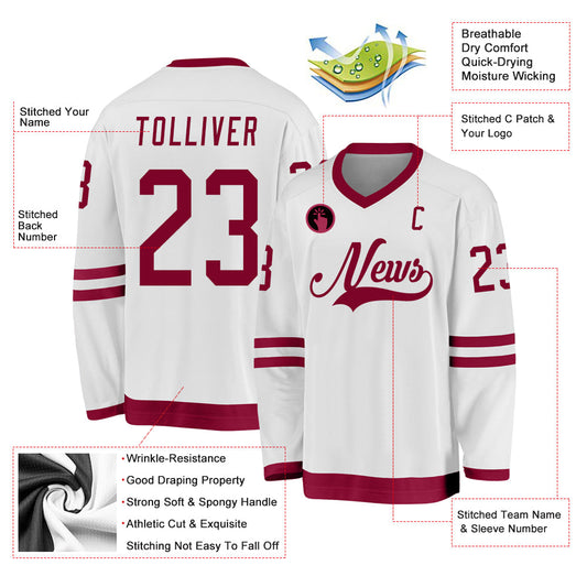 Custom White Maroon Hockey Jersey - Sky-Custom
