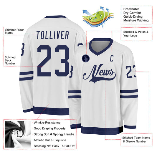 Custom White Navy Hockey Jersey - Sky-Custom