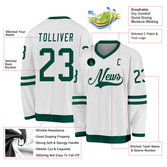 Custom White Green Hockey Jersey - Sky-Custom