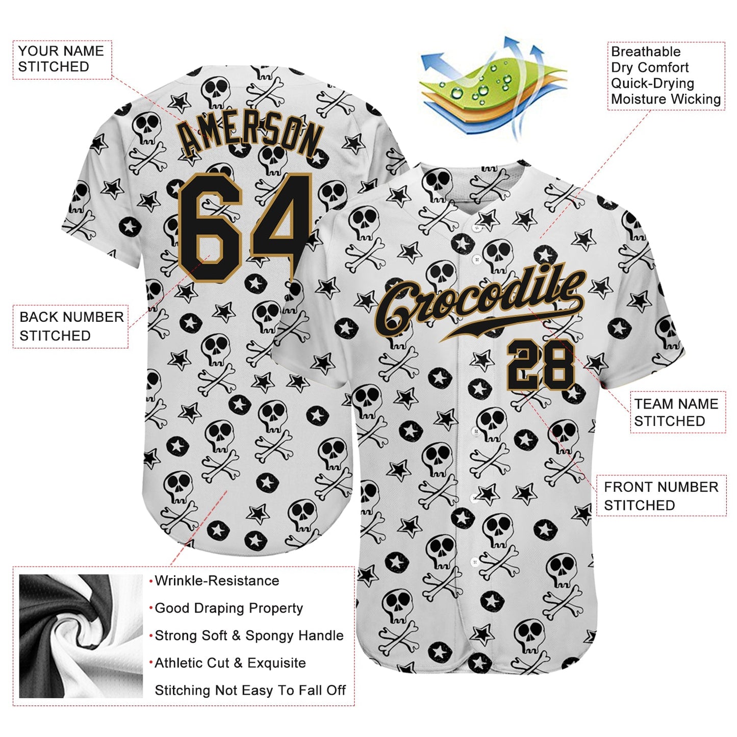 Custom White Black-Old Gold 3D Skull Fashion Authentic Baseball Jersey - Sky-Custom