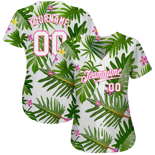 Custom White White-Pink 3D Pattern Design Tropical Palm Leaves Authentic Baseball Jersey - Sky-Custom