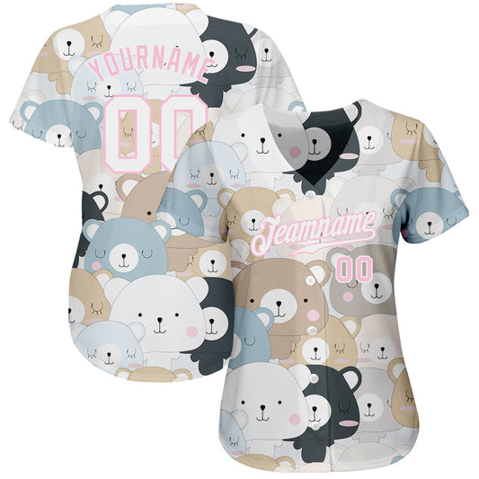 Custom White White-Light Pink 3D Pattern Design Teddy Bears Authentic Baseball Jersey - Sky-Custom