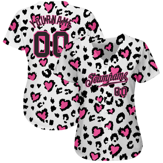 Custom White Black-Pink 3D Pattern Design Leopard Authentic Baseball Jersey - Sky-Custom