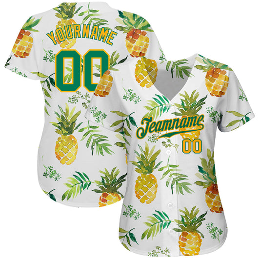 Custom White Kelly Green-Gold 3D Pattern Design Pineapples Authentic Baseball Jersey - Sky-Custom