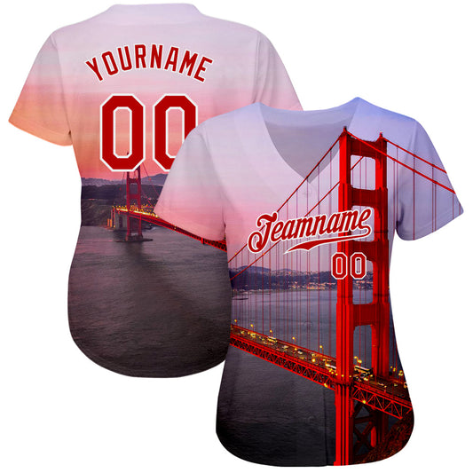 Custom White Red-White 3D Pattern Design Golden Gate Bridge Authentic Baseball Jersey - Sky-Custom