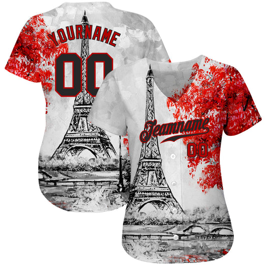 Custom White Black-Red 3D Pattern Design Eiffel Tower Authentic Baseball Jersey - Sky-Custom