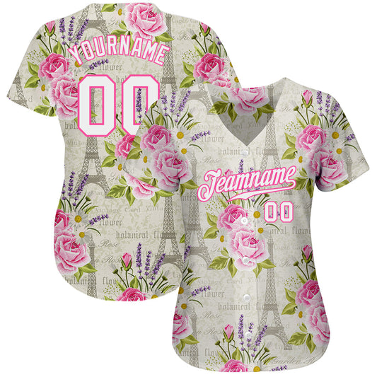 Custom White White-Pink 3D Pattern Design Floral Pattern With The Eiffel Tower Authentic Baseball Jersey - Sky-Custom