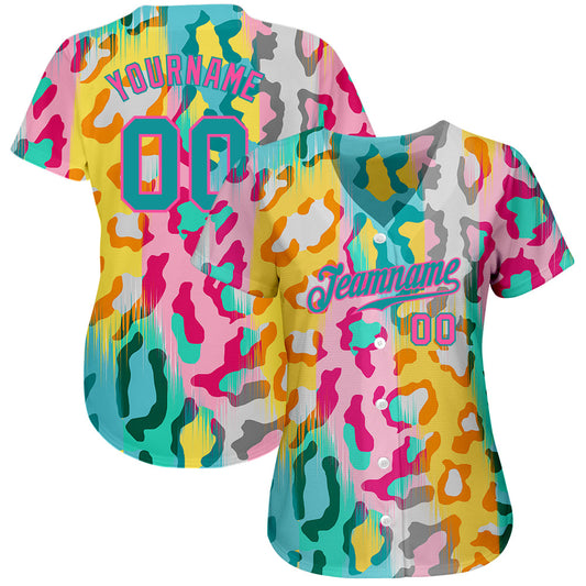 Custom White Teal-Pink 3D Pattern Design Leopard Authentic Baseball Jersey - Sky-Custom